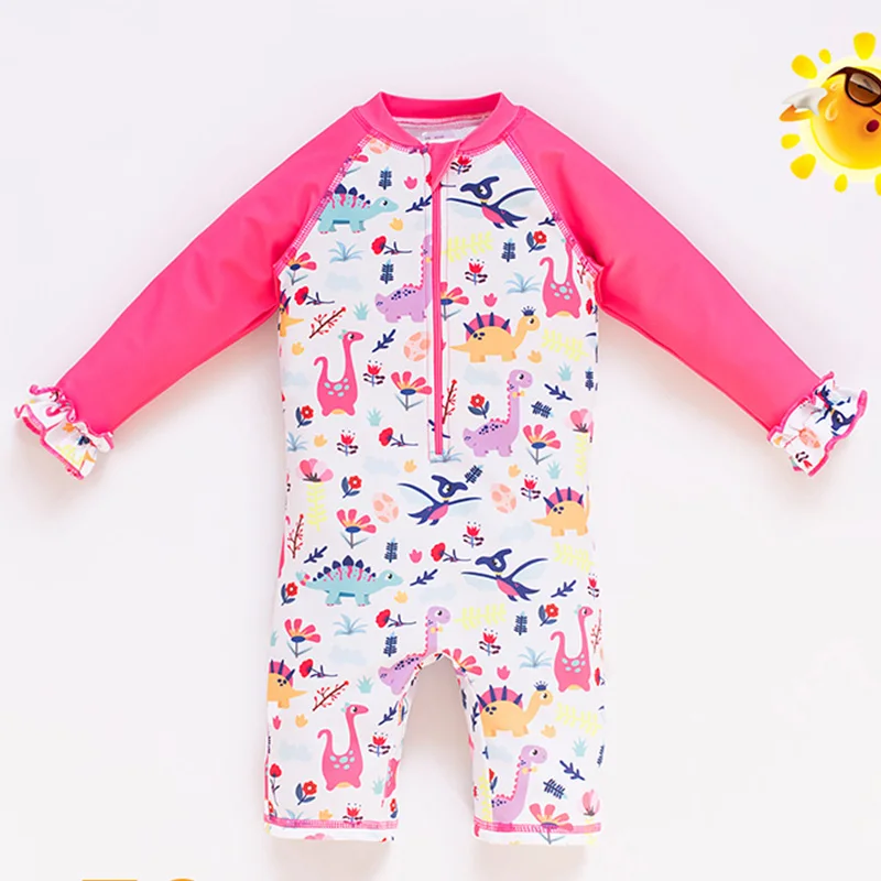 1-6 Years Old Baby Girls Swimsuit Sun Protection Cap Set Long Sleeves 3 Piece Swimwear for Kids Toddler Cartoon Girls Swimming