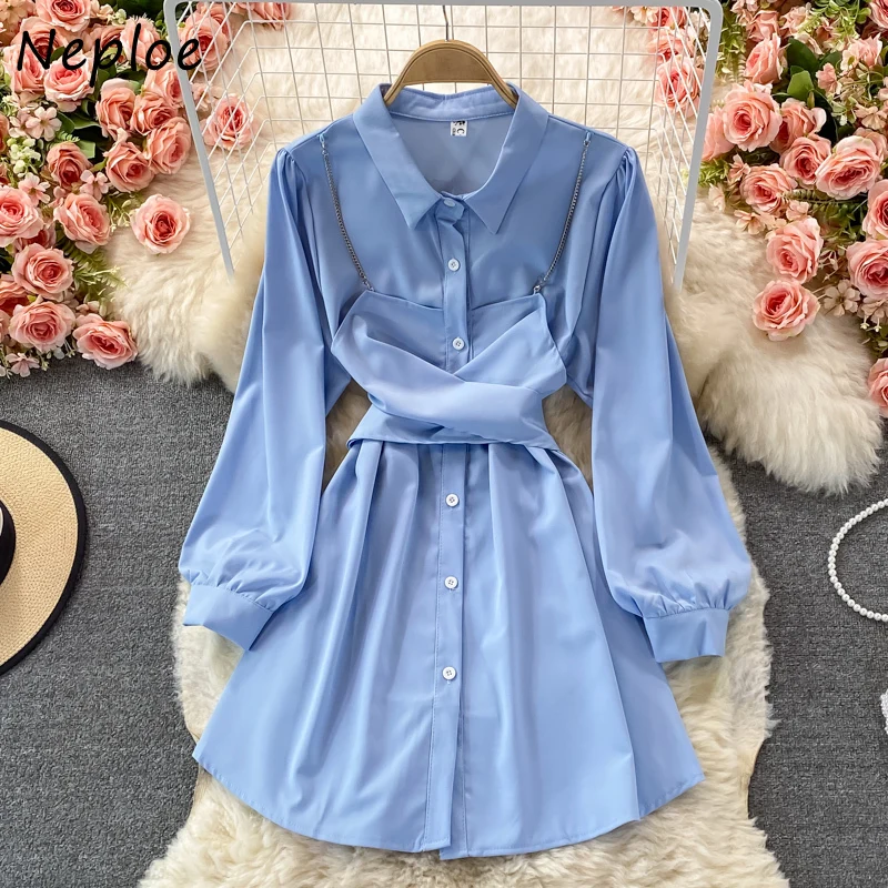 Neploe Fall 2025 New Temperament Vestidos De Mujer Solid Color Fake Two-piece Belt Waist Short Robe Femme Long Sleeve Mini Dress