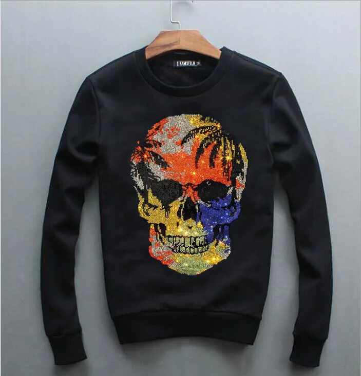 

S-4XL Winter Round Collar Skulls Sweatshirt Diamonds Men O-neck Hoodies Boys Hot drill Pullover Fashion Tops