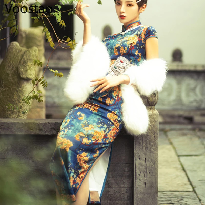 Chinese Style Cheongsam Dress Women Vintage Traditional Floral Print Old  Shanghai Elegant Qipao Dress Girly Bodycon Split Dress - AliExpress  200000532