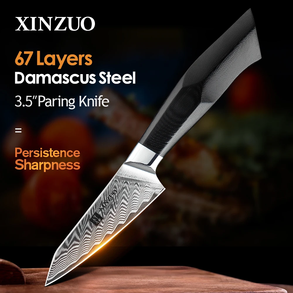 XINZUO 3.5\'\' Paring Knife Damascus Steel Blade VG10 Core Razor Sharp G10 Mosaic Brass Rivet Handle Kitchen Knives Fruit Peeling