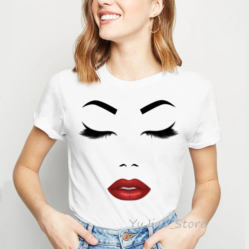 Lips Eyelash Makeup Tshirt Women Clothes Funny T Shirts Camiseta Mujer Haut Femme White Casual Female T-Shirt Tops