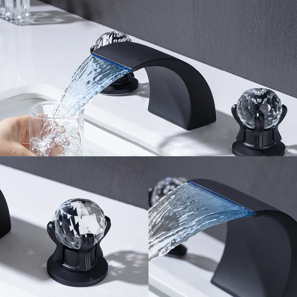 

AZOS LED Waterfall Bathroom Faucet 3 Holes Dual Crystal Knob Handle Widespread 8 Inch Deck Mount Bathroom Sink Faucet Black