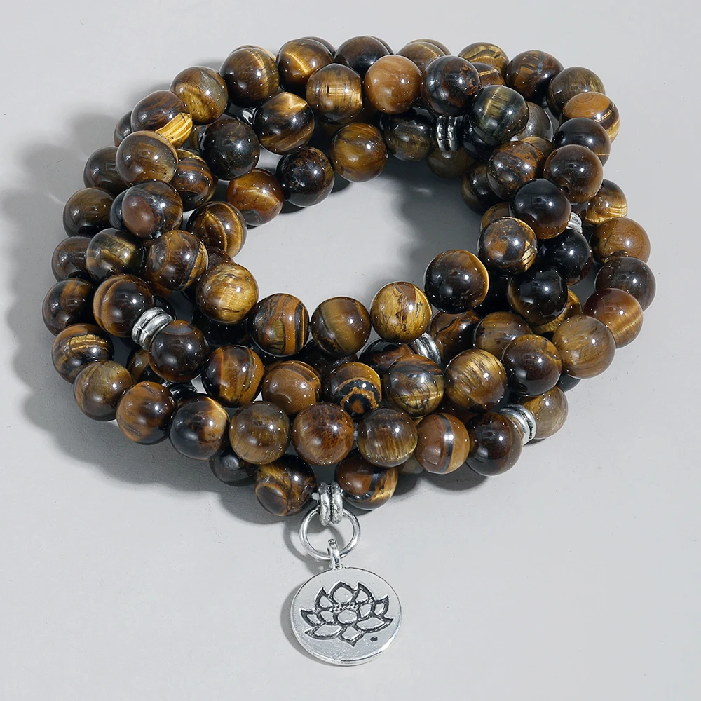 8mm Natural Yellow Tiger Eye Beads 108 Mala Wrap Bracelet Yoga Prayer Jewelry Lotus OM Tree of Life Pendant Men and Women Rosary