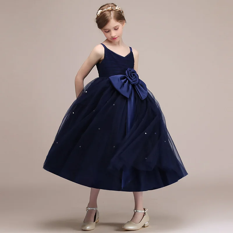 Dideyttawl Party Kleid Für Kinder Mädchen Geburtstag Formale Kommunion Prinzessin Kleider Navy Blau Tüll Bowtie Blume Mädchen Kleider