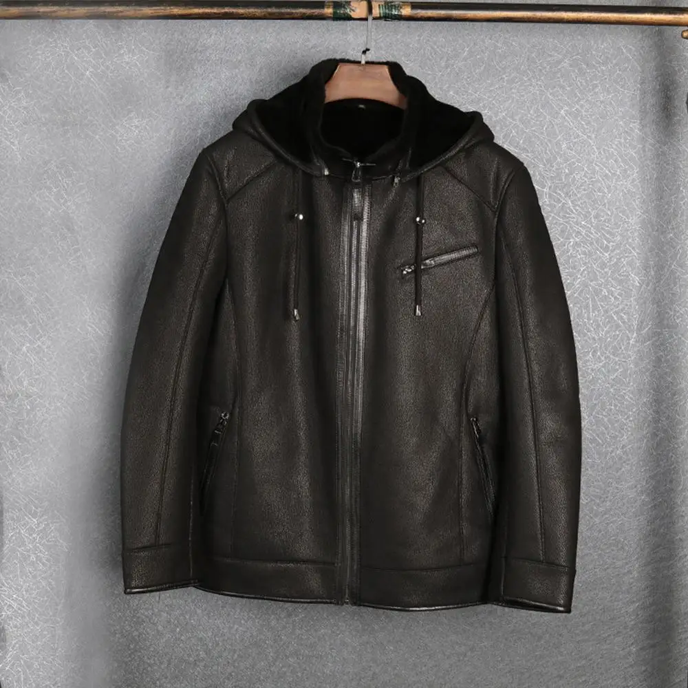 

2019 Black Color Hooded Mens Sheepskin Coat Mens Shearling Jacket Short Style Fur Coat Original Flying Jacket Pilots Coat