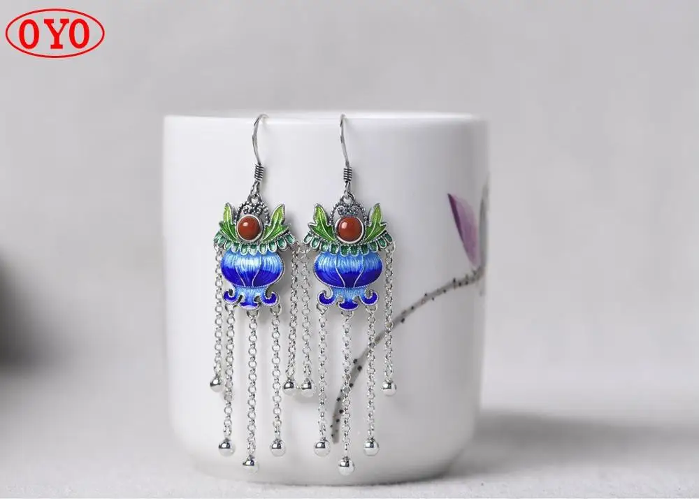 

S925 Silver Retro Cloisonne Women's Thai Silver Burnt Blue Inlaid Southern Red Ruyi Long Chain Earrings