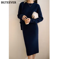 BGTEEVER Elegant Ladies Knitted Skirt Set Long Sleeve Sweaters Tops & Elastic Waist Split Skirts 2021 Winter Women 2 Pieces Set