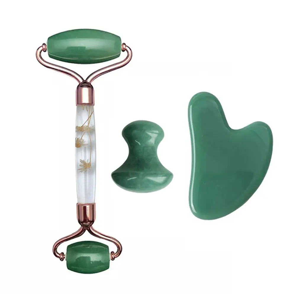 Aventurine Gouache Scraper Face Massage Jade Roller Set Natural Gouache Stone Facial Roller Jade Massager Gua sha Face Scraper