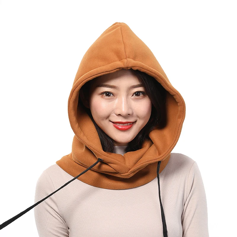 Women Winter Hooded Beanie Hat Thick Warm Cap Neck Collar Windproof Cotton Balaclava Solid Color