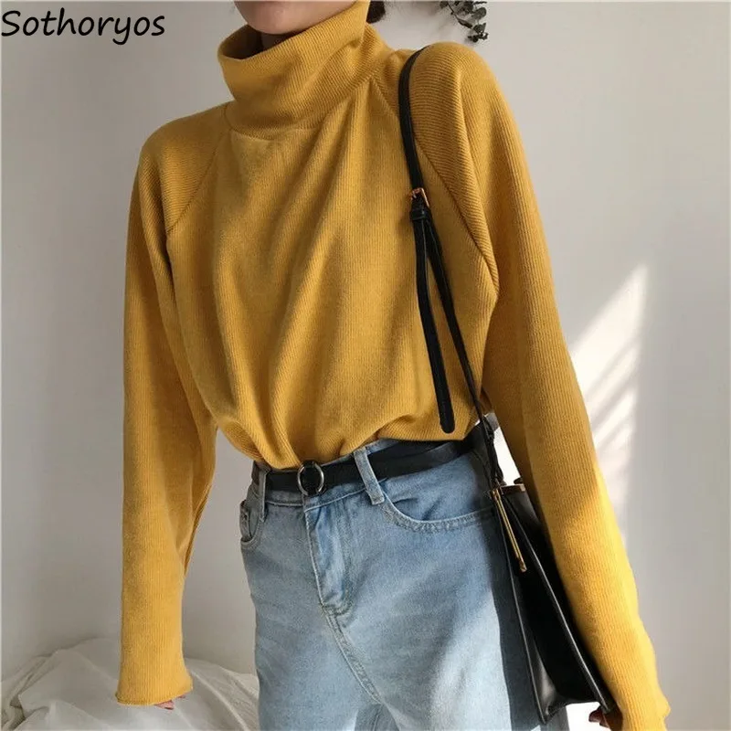 Long Sleeve Tshirts Women Solid Turtleneck Loose Chic All-match Korean Style Ulzzang Elegant Temperament Students Simple Womens