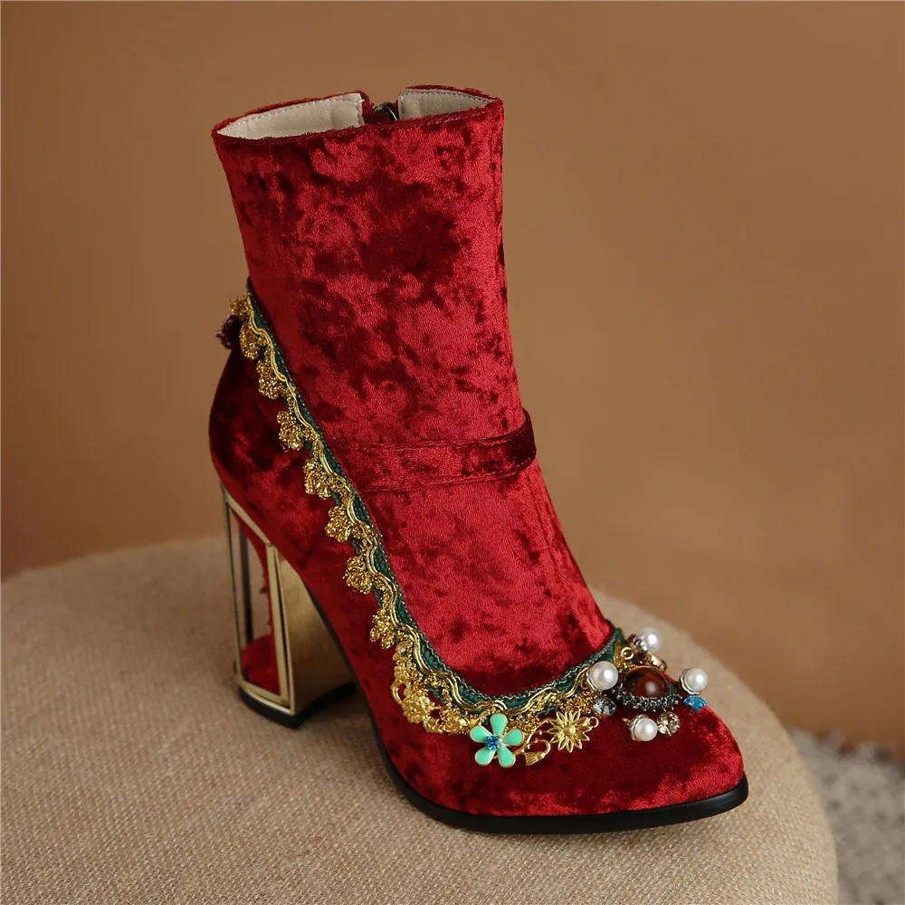 MILI-MIYA Luxury Pearl Rhinestone Flower Women Ankle Boots Wedding Retro Ladies Strange High Heels Zipper Velvet Handmade Shoes