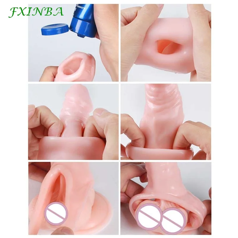 FXINBA 14-28cm Large Realistic Penis Sleeve Extender Cock Sleeve Dick Enlargement Men Sex Toys Delay Ejaculation Reusable Condom