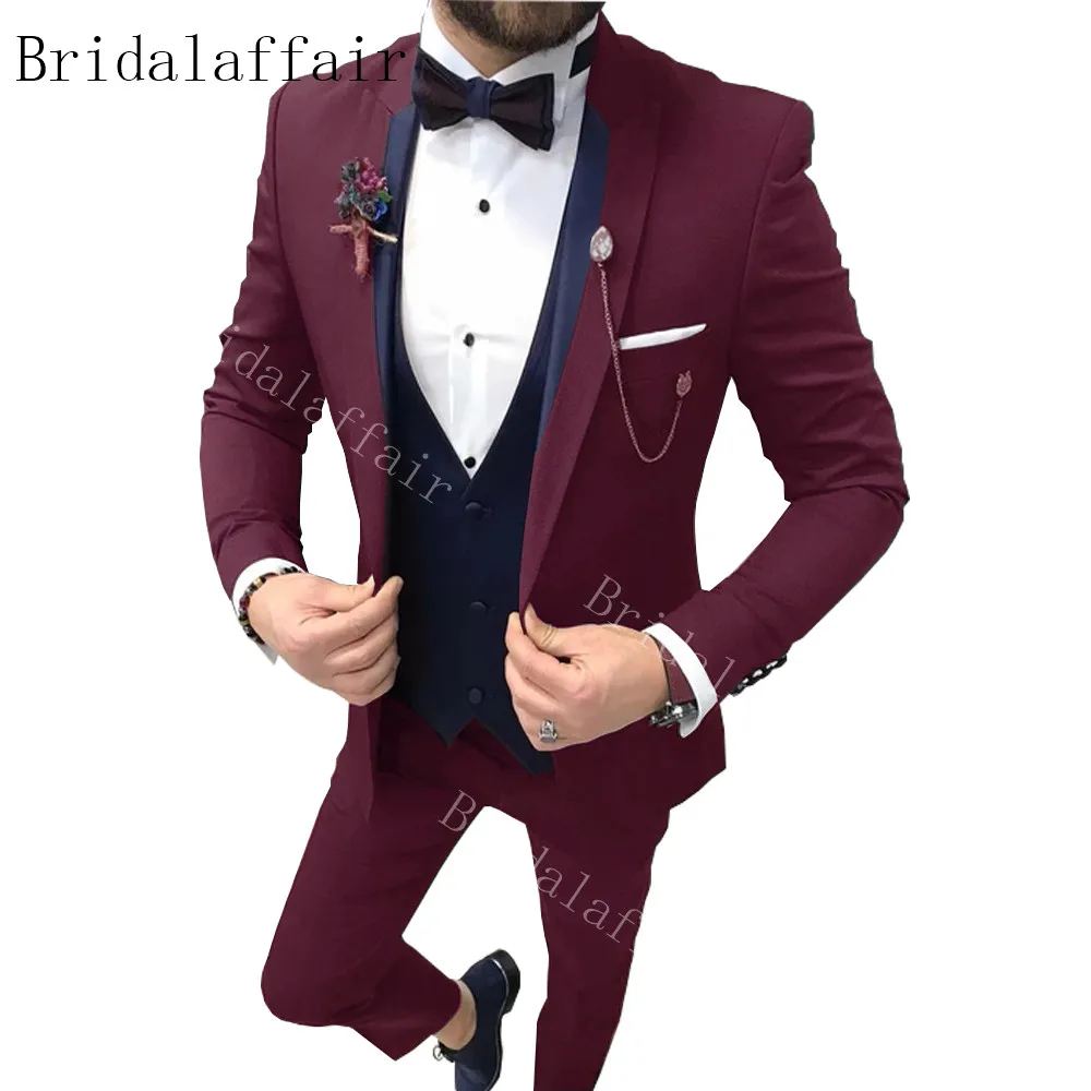 

Bridalaffair Classic Burgundy Wedding Suits for Men 2020 Latest Double colors Lapel Groom Wedding Tuxedos Best Men Suits 3 Piece