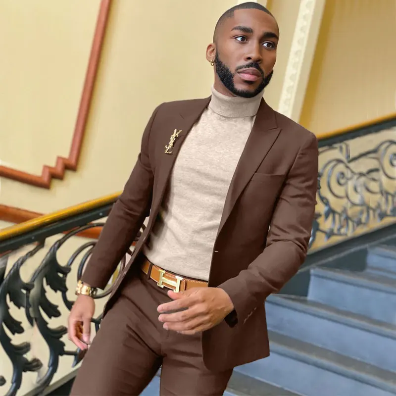 

Brown Slim Fit Men's Suit Peaked Lapel For Wedding Blazers Two Pieces Male Tuxedos Groom Wear Tailored Prom Jackets With Pants