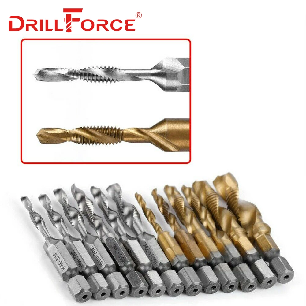 12 Buah M3-M10 Hex Shank Set Mata Bor Tap Metrik & Inci Ulir Sekrup HSS Lapis Titanium + Kotak Baja Kecepatan Tinggi M3 M4 M5 M6 M8 M10