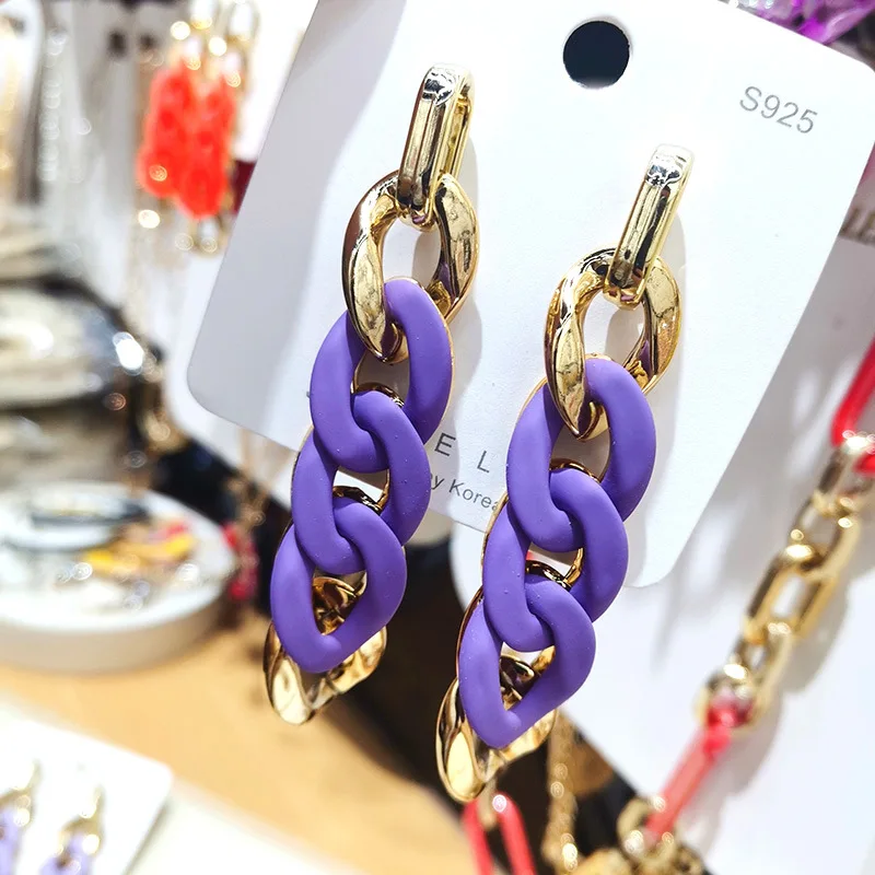 2024 موضة ملونة ربط الاكريليك إسقاط أقراط للنساء الذهب اللون سلسلة طويلة هندسية استرخى أقراط مجوهرات بسيطة هدية #5