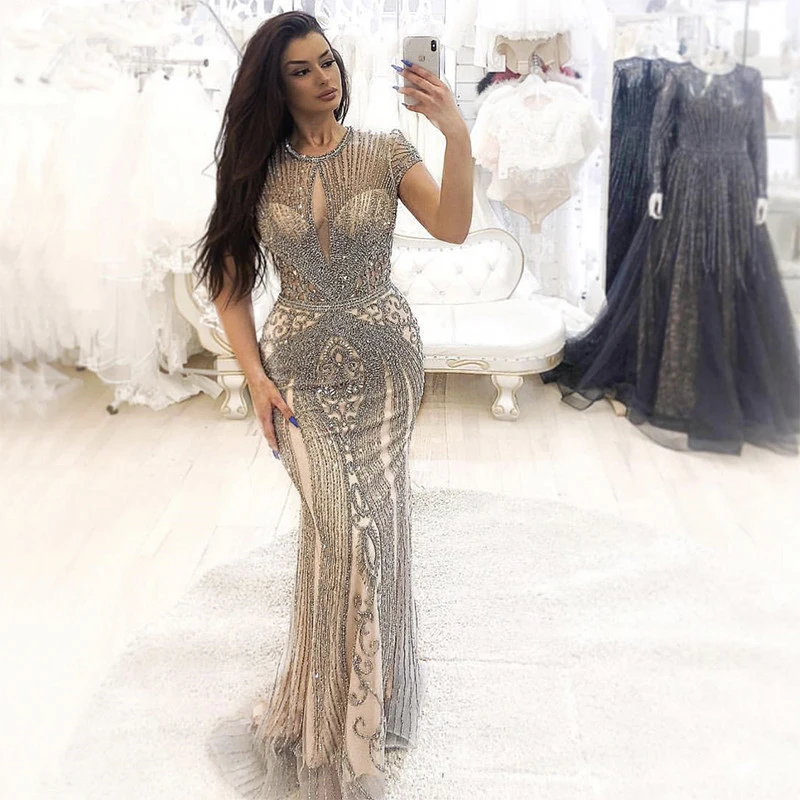 Luxury Mermaid Evening Dresses For Women Eegant Long Beaded Crystal Short Sleeve Prom Gowns Robe De Soiree Fomal Dress Longo