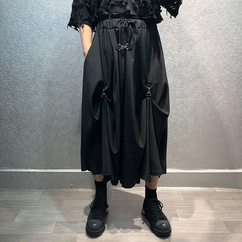 Men's new deep black Yamamoto style loose asymmetrical hem design hip hop street loose casual large skirt