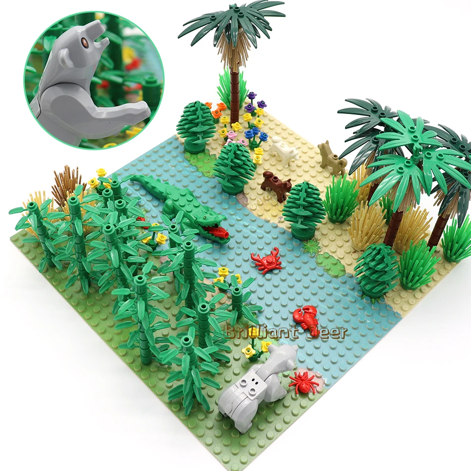 Rainforests Model City Bush Flower Grass Tree with Animals Base Plate DIY MOC Parts Compatible Friends Building Blocks