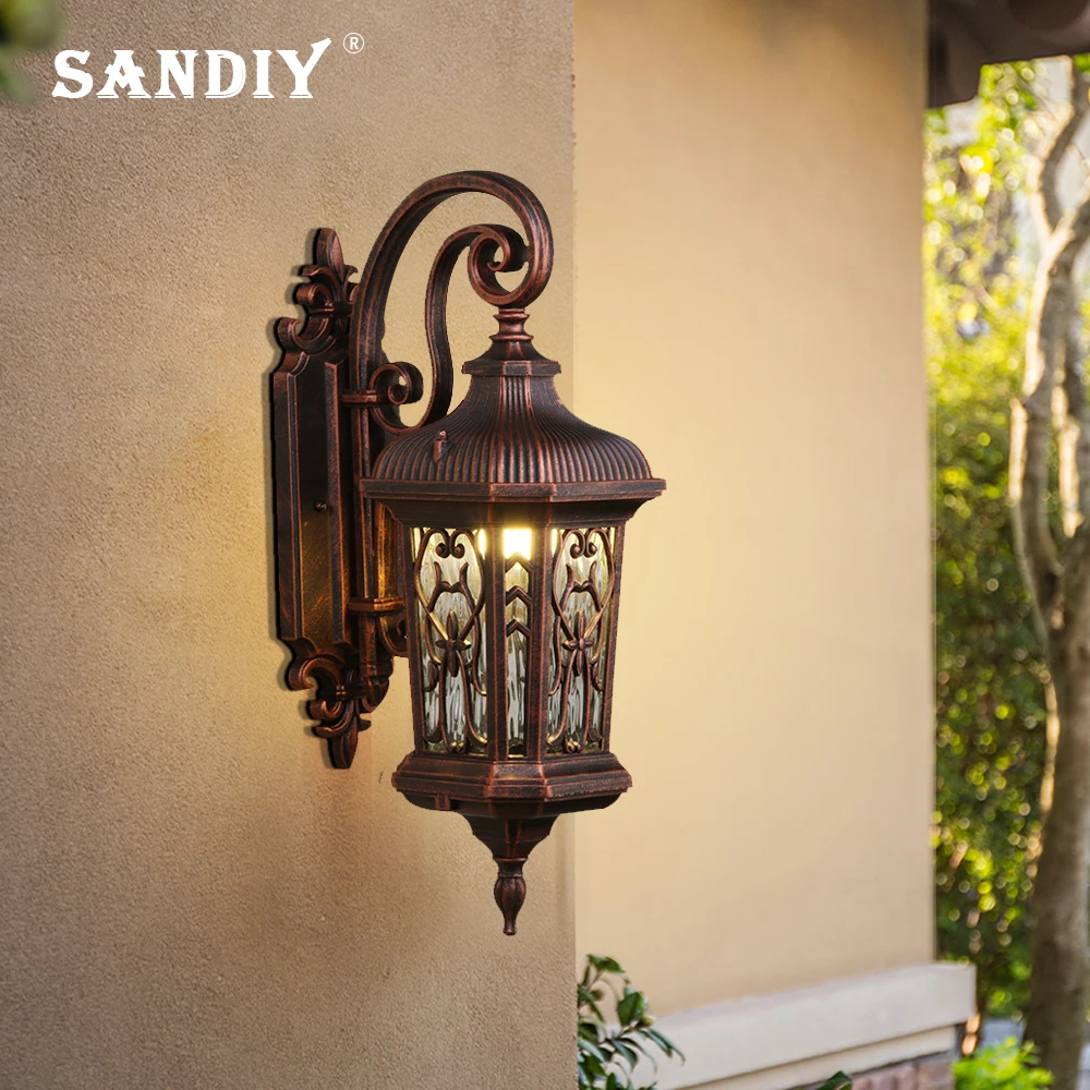 SANDIY-luz LED para porche exterior, lámpara Retro, impermeable, luz Vintage europea para casa de campo, puerta, Patio, aplique de pared Exterior