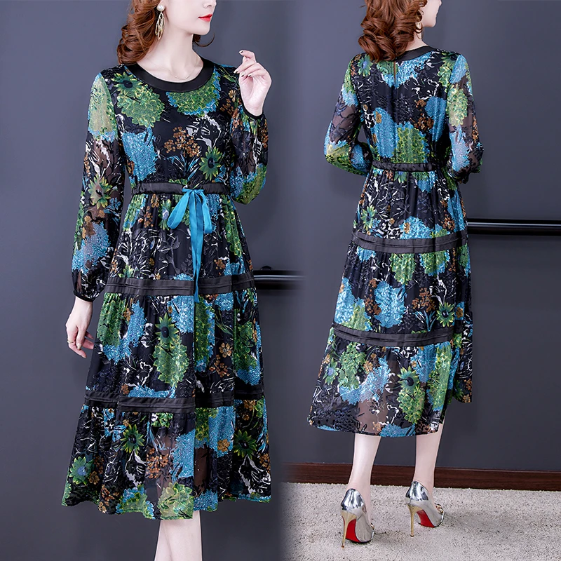 Spring Autumn Natural Silk Floral Midi Dress 2024 Elegant Casual Bodycon Vestidos Women Vintage Korean Boho Print Beach Dresses