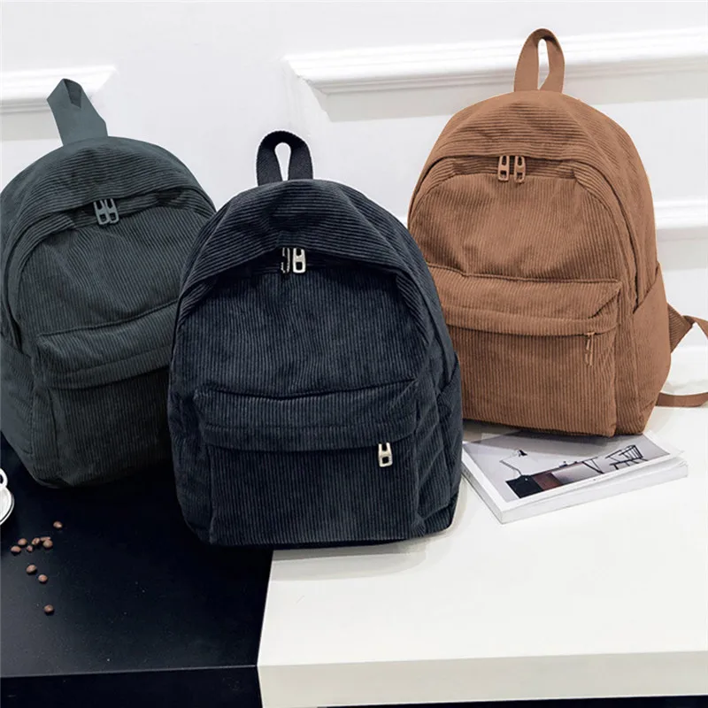 Corduroy Backpack Fashion Women Bookbags Pure Color Shoulder Bag Teenger Girl Travel Bags Female Mochila Striped Rucksack