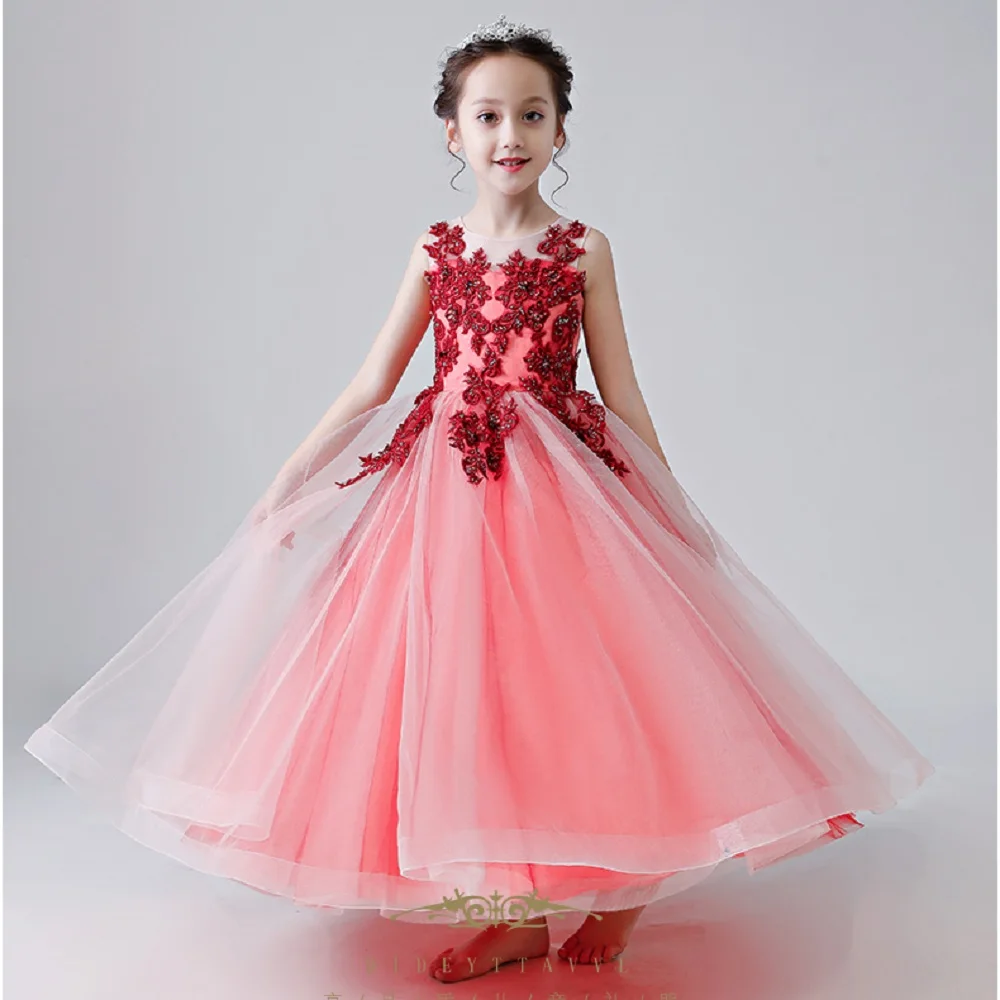 Rode Tule Bloem Meisje Jurken Lace Applique Mouwloze Kids Birthday Party Pageant Jurken Eerste Communie Elegante Jurken