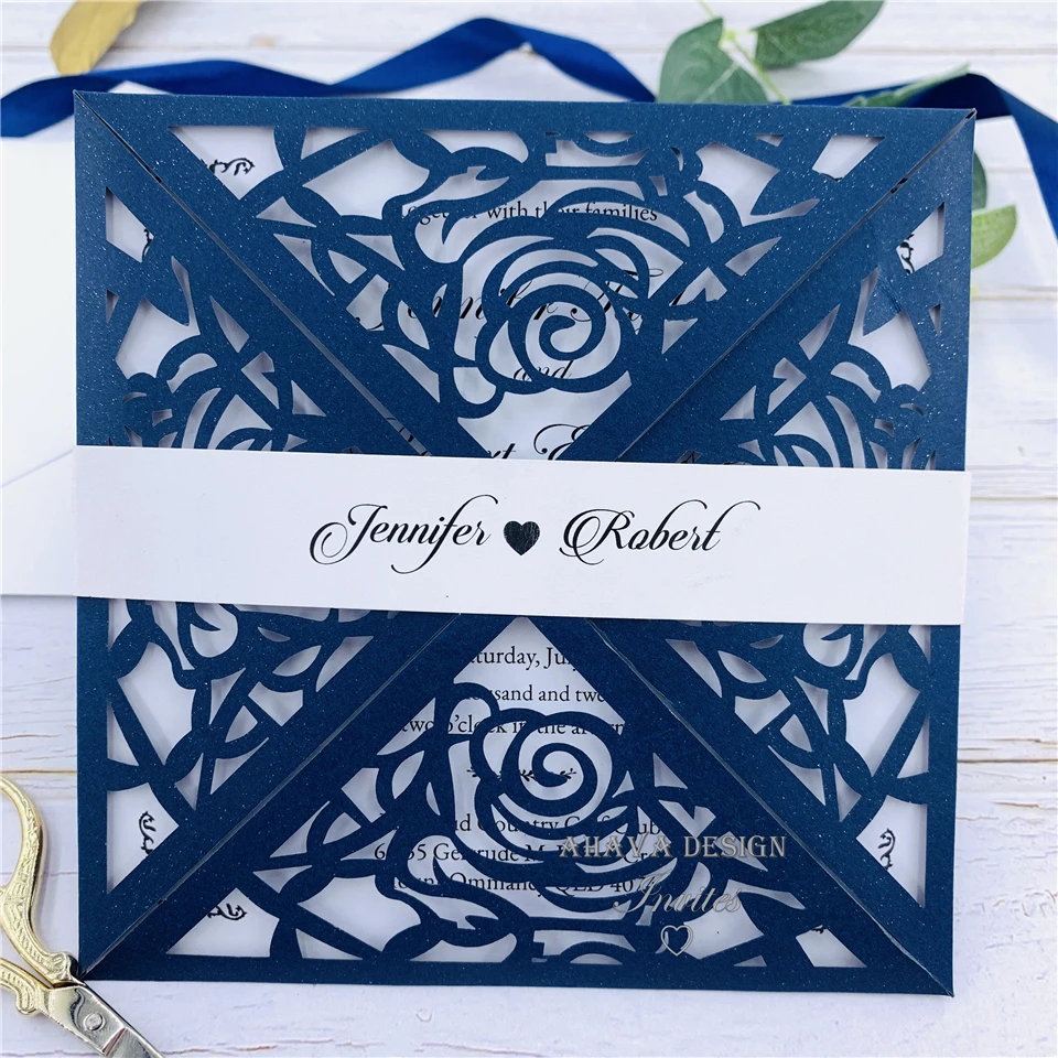 

Fancy Navy Square Laser Cut Invites With Customized Belly Band And Matched Envelope