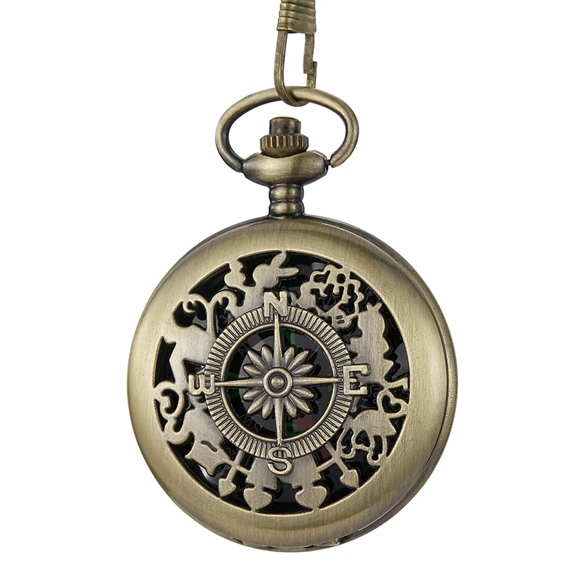 Antique Compass Pendant Quartz Pocket Watch Vintage Bronze Fob Chain Flip Locket for Men Women Birthday Present Collection Gift