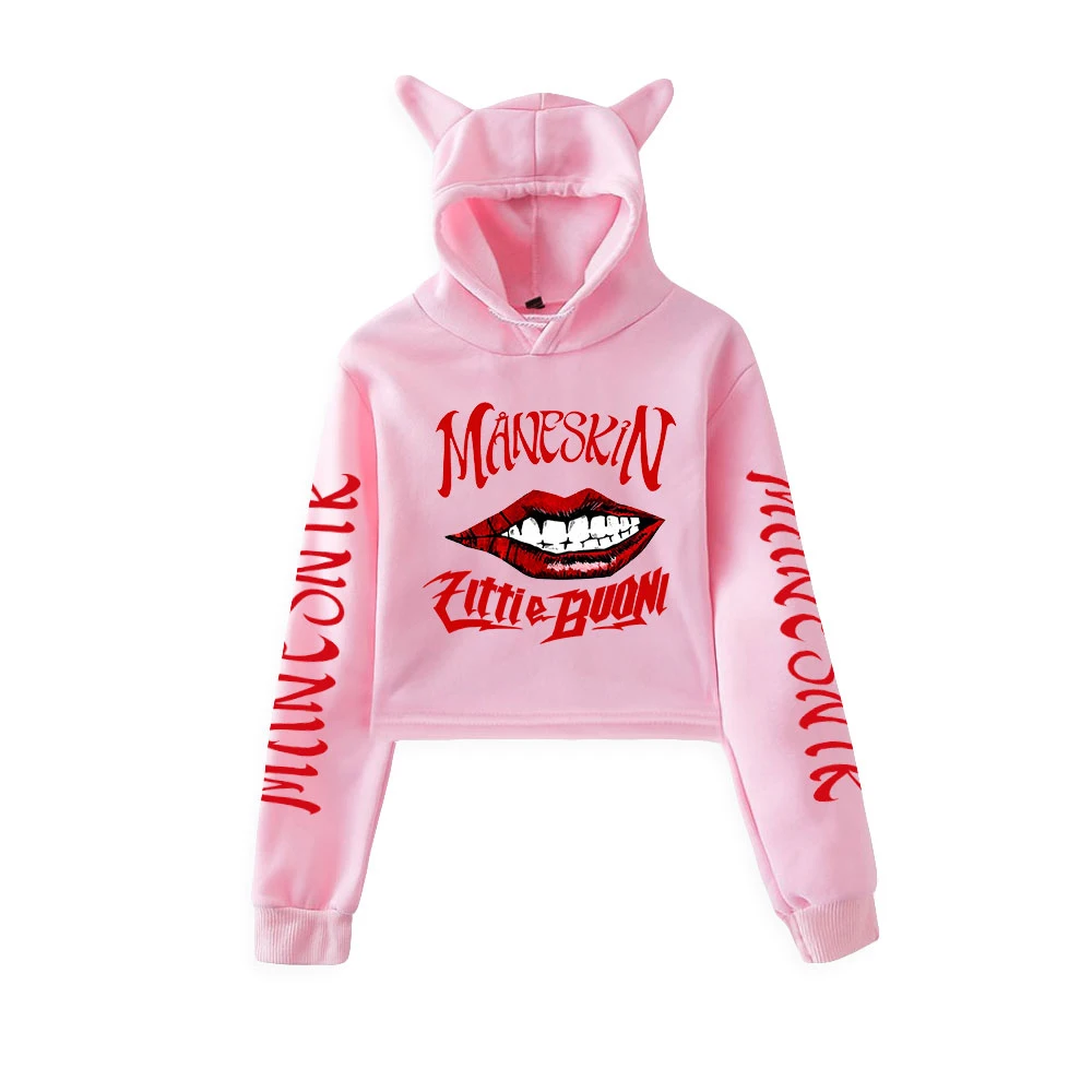 

Maneskin Damiano David Crop Top Hoodie Long Sleeve Harajuku Cropped Sweatshirt Kawaii Cat Ear Pullover Women Tops Streetwear