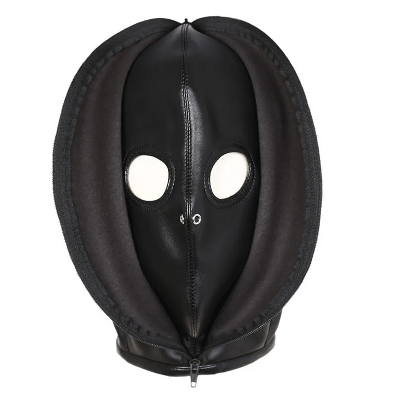 Double layer leather zipper mask bondage hood adult games cosplay slave fetish bdsm restraints erotic tools sex toys for couples