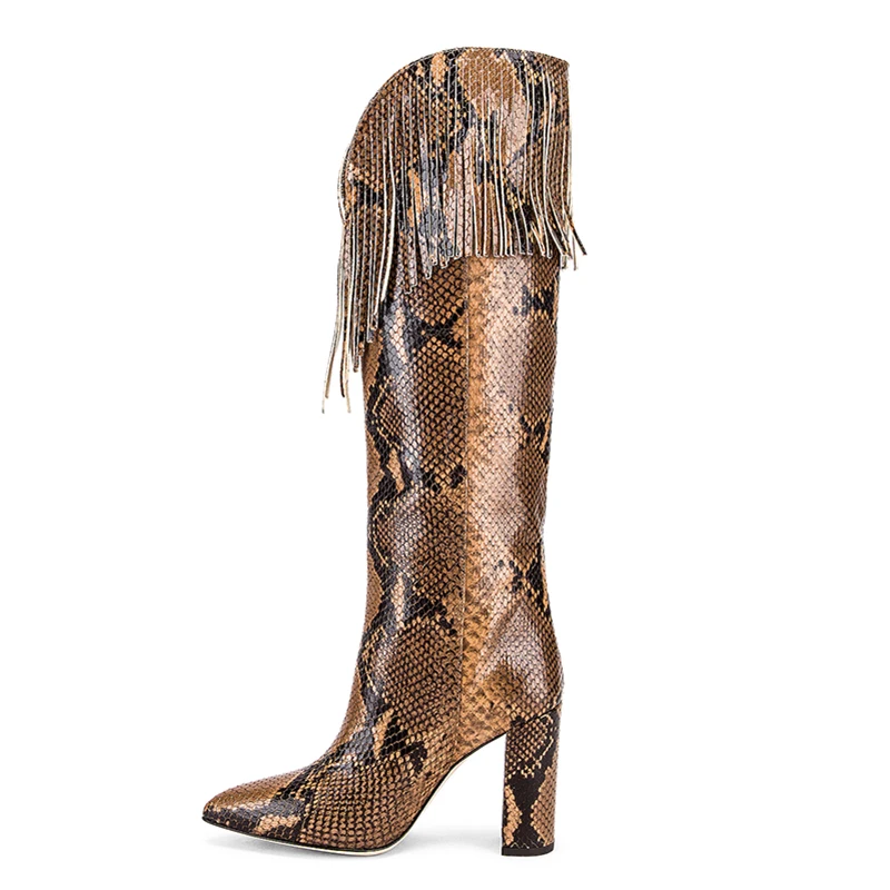 Tassel Snake Print Knee High Boots Women Block High Heel Pointed Toe Sexy Fashion 2024 Winter Ladies Big Size Long Boot Shoe New