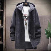 Mens Long Knit Cardigan Autumn Winter Sweater Coat Fleece Heavy Hooded Trench Coat Solid Chenille Men's Fashion Jacket 2
