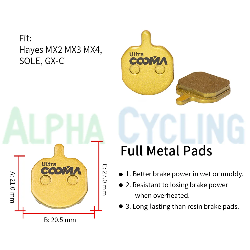 Bicycle Disc Brake Pads for Hayes MX2 MX3 MX4 SOLE, GX-C, JAK-5 Caliper, 4 Pairs, Ultra Class, Gold Full Metal