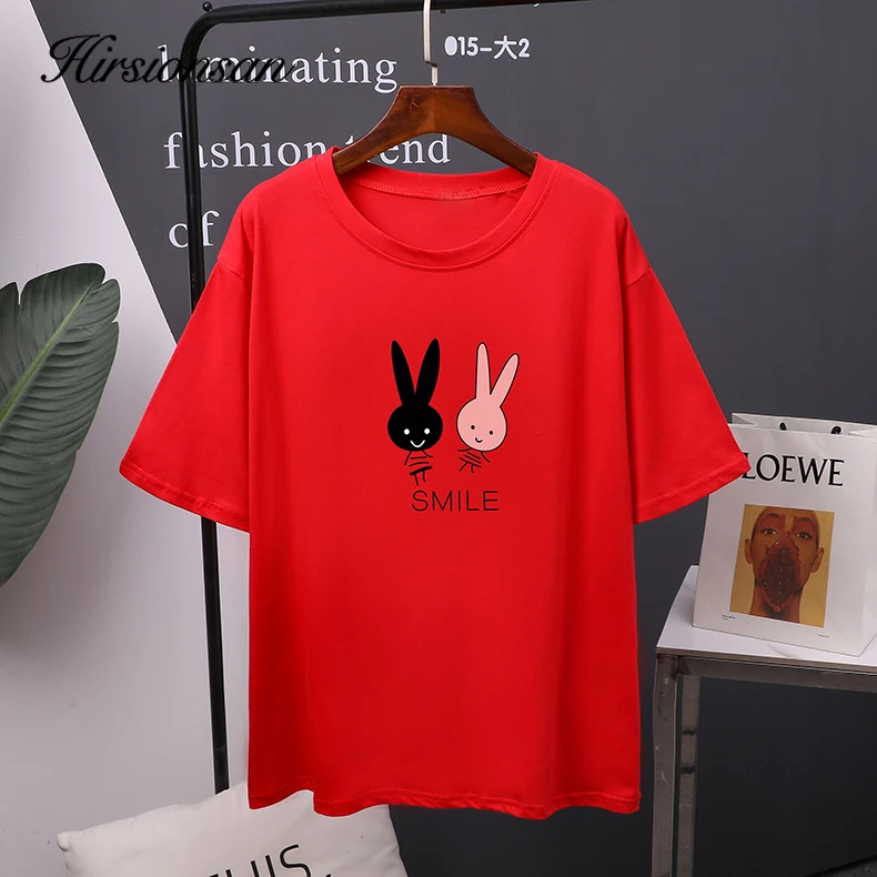 Hirsionsan Cartoon Printed Cotton T Shirt Women 2025 New Hot Korean Kawaii Short Sleeve Tshirts O Neck Tees Casual Girls Tops