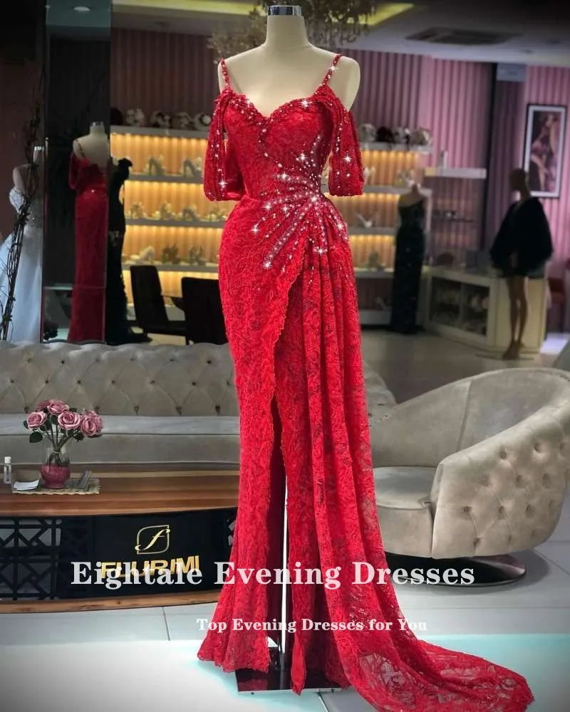 Eightale Arabic Evening Dresse Lace Spaghetti Strap Beaded High Side Split Off the Shoulder Mermaid Red Prom Gown Party Dress