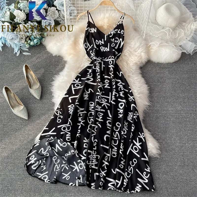 

Black Letter Print Dresses Women 2021 New Summer Fashion Sleeveless Sexy Strap Dress Ladies Loose High Waist Mid Long Dress