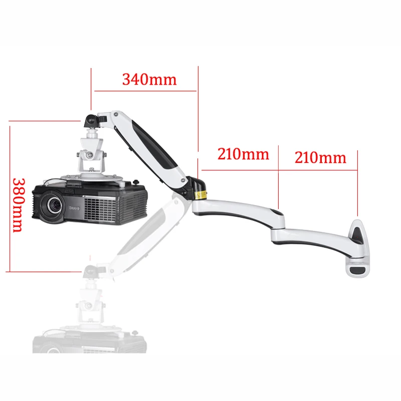 PR03W-L uniwersalny projektor do montażu ściennego sprężyna gazowa pełnoekranowy trzy części uchwyt na ramię o długości 0-6.5kg z tacą na hak 1/4