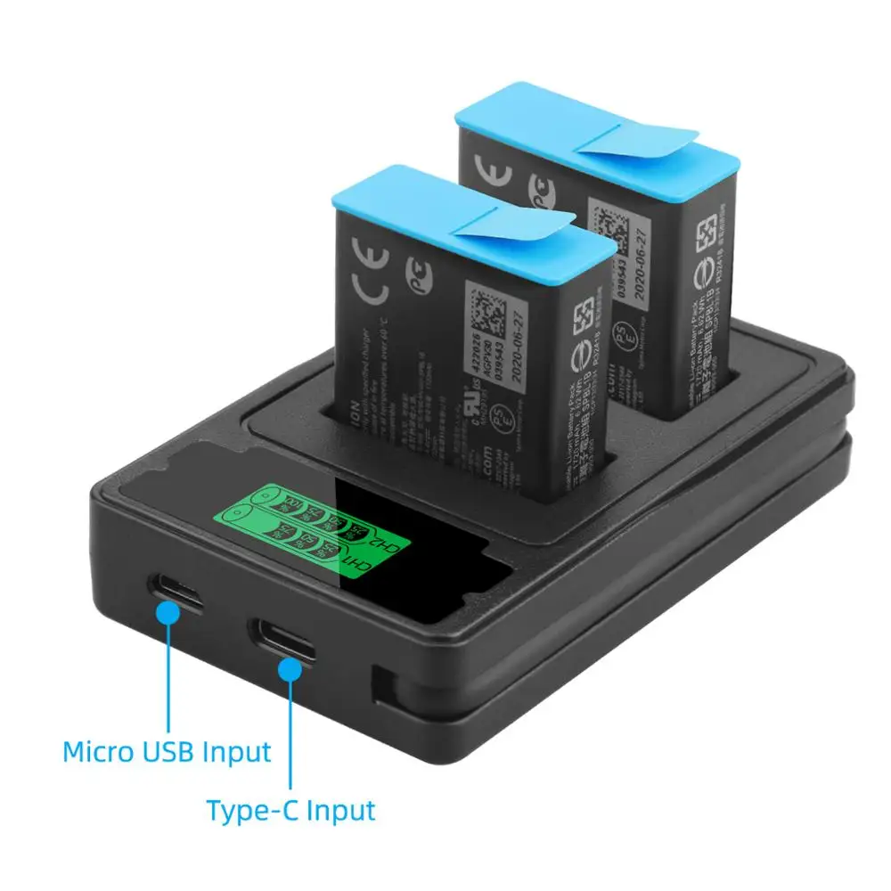 For GoPro Hero9 HERO 10 11 12 Dual LCD display replacement charger with charging cable Black battery charger accessories