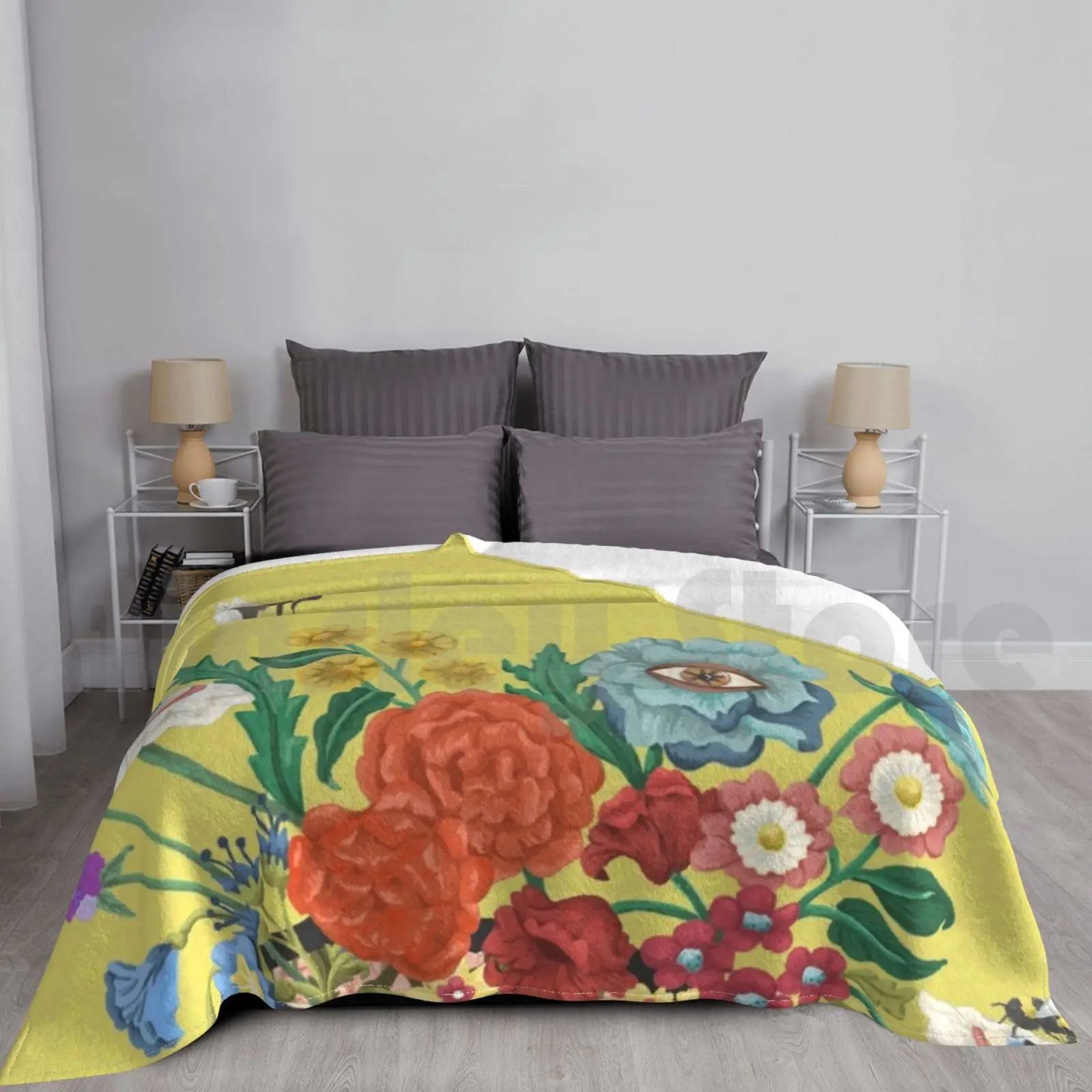 Flourishing Yellow Blanket Fashion Custom Wildflowers Roses Surreal Bumblebee Nature Silhouette