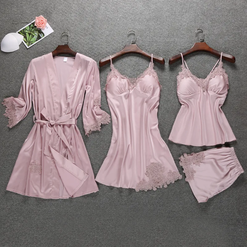 Satin Sleepwear Female with Chest Pads Sexy Women Pajamas Lace Slik Sleep Lounge 4 Pieces Sets Elegant Ladies Indoor Clothing