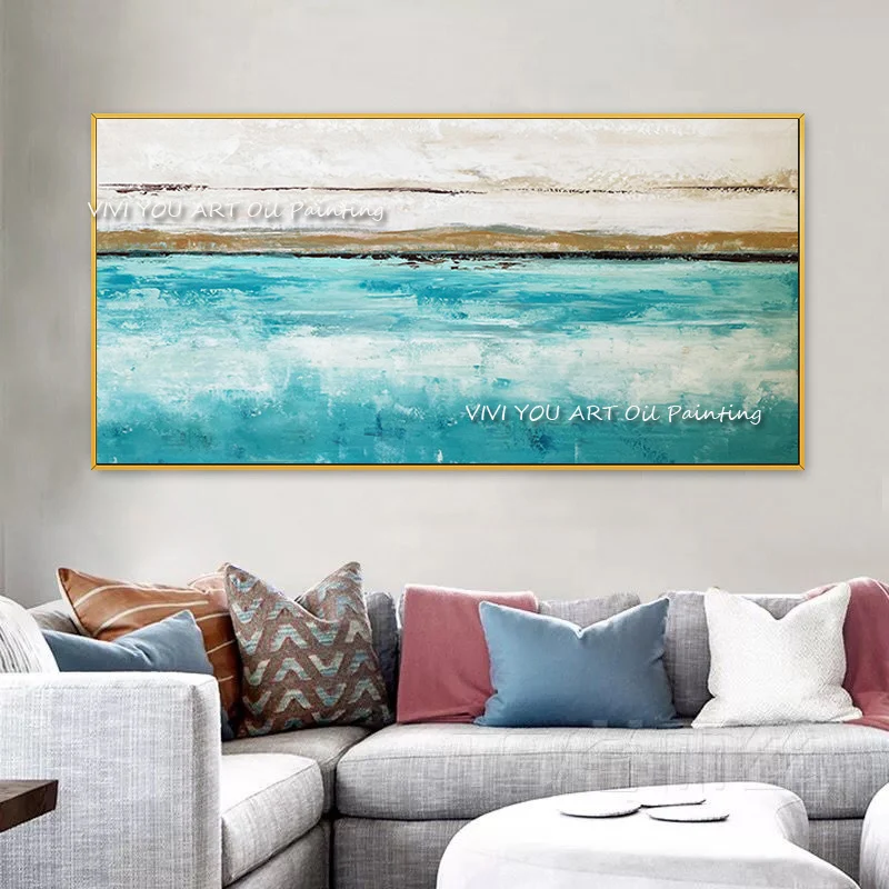 The Special Offer Sea View Handmade Modern Abstract Thick Oil Painting On Canvas Blue Mural Painting Wall Art Beach Sandy Decor