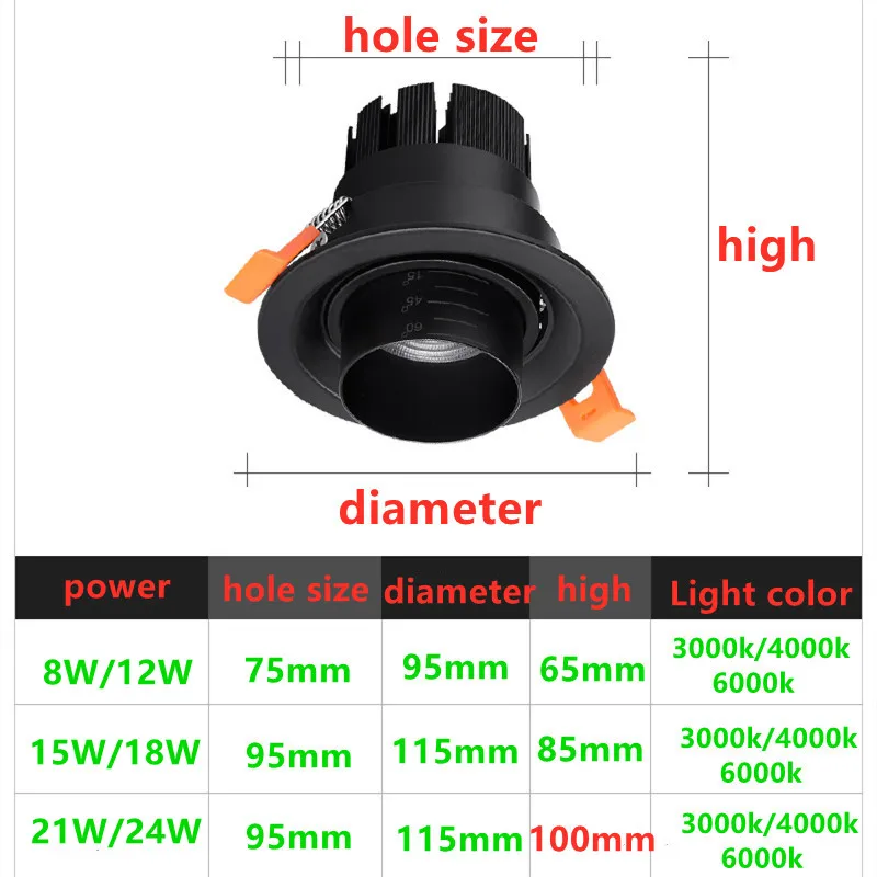 Dimmable LED Embedded Zoom 15-60 Degrees COB Downlight 8W 12W 15W 18W 21W 24W Ceiling Lamp Spot Light AC90-260V Indoor Lighting