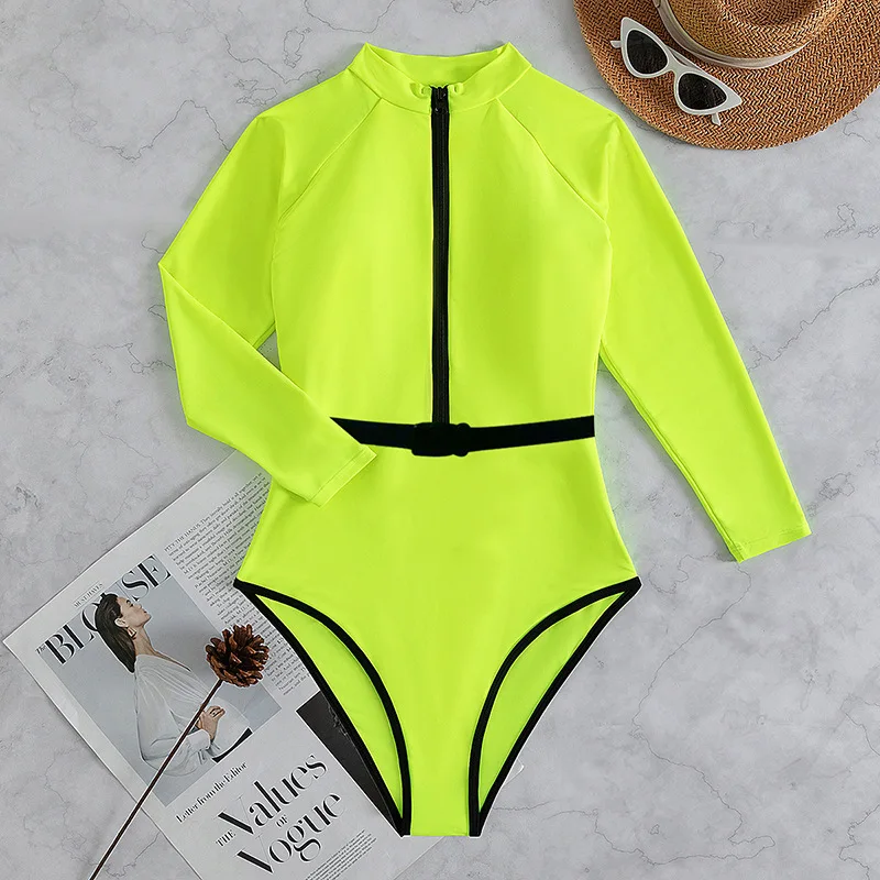 Neon Yellow Long sleeve Swimsuit Rashguard Women Surfing Swimwear Surfing Diving swimming diving suit women Bodysuit Rash Guard