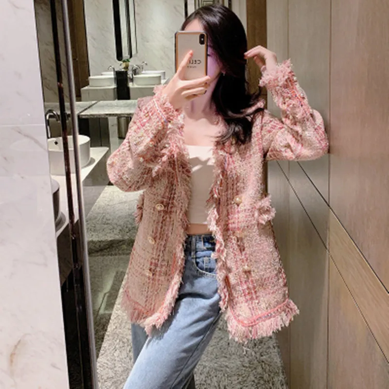 2021 Thu Đông Đường Băng Tweed Phù Hợp Với Nữ Đôi Áo Khoác Áo Khoác + Cao Cấp Tua Rua Mini Nữ 2 Bộ