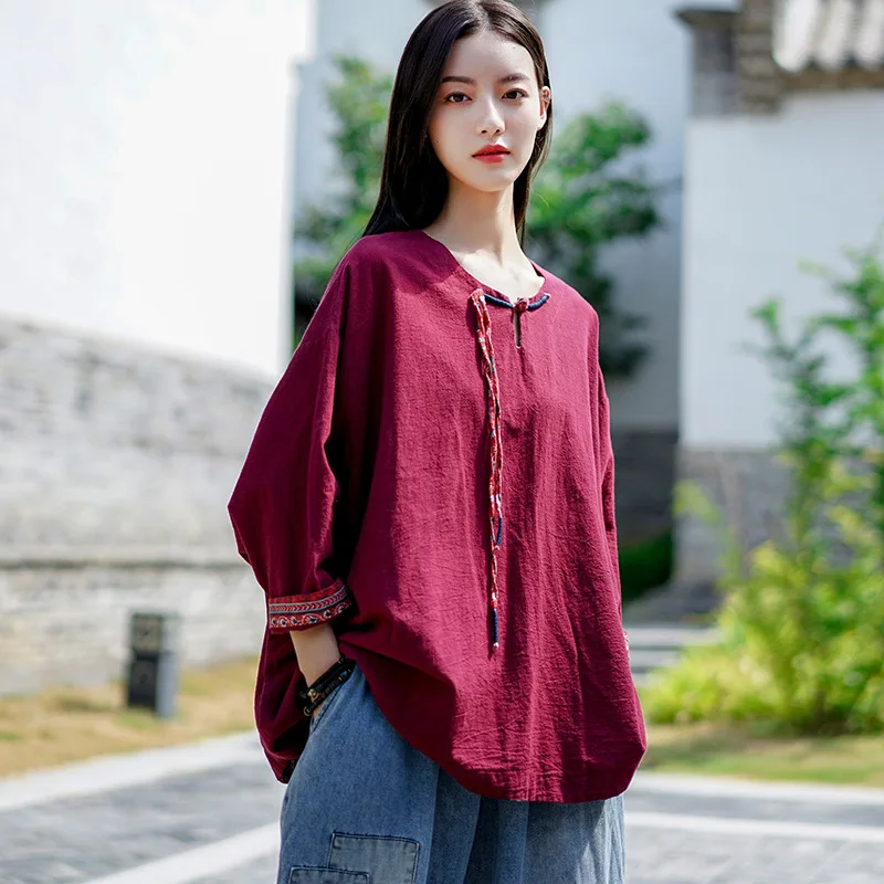 

LZJN 2020 Cotton and Linen Blouse Women's Retro Loose Large Size Manual Hand Knot Button Shirt Women Ethnic Vintage Blouse