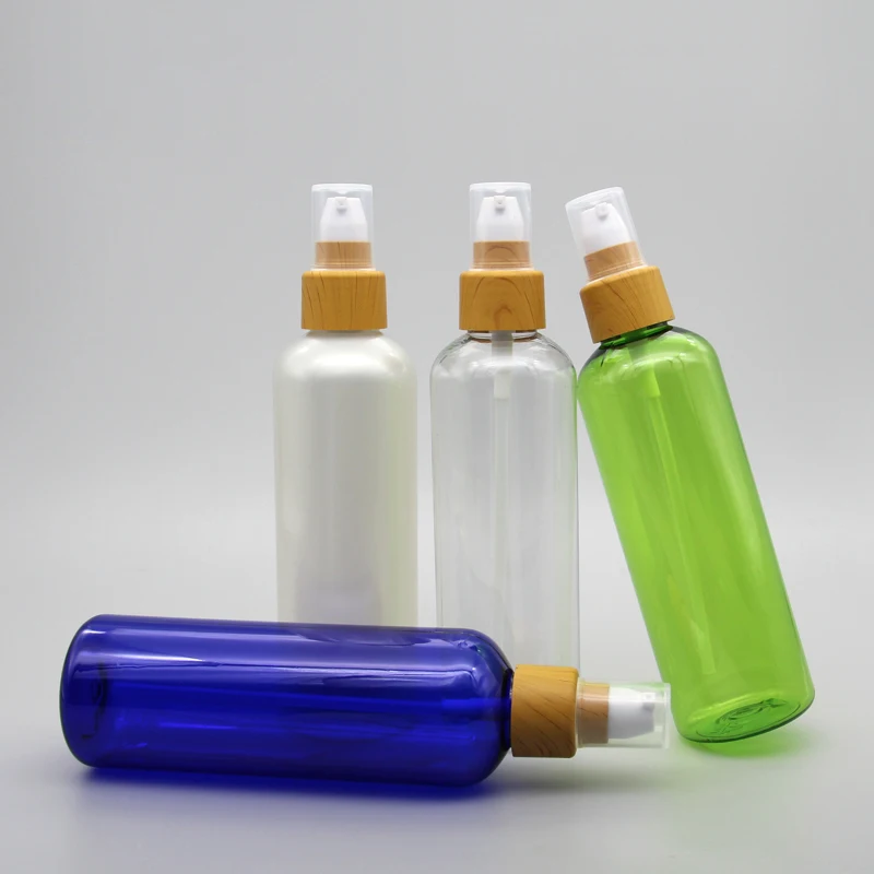 200ML 30pcs Transparent Plastic Bottle With Wood Grain Lotion Pump, Empty Cosmetic Toner Essence Packaging Bottles