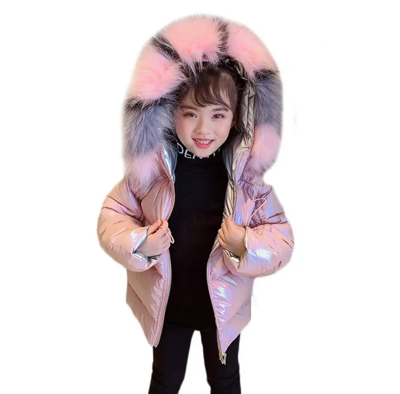 Big fur collar children girls winter new Wear on both sides cotton jackets kids coats teenage outerwear hooded jackets ws1247