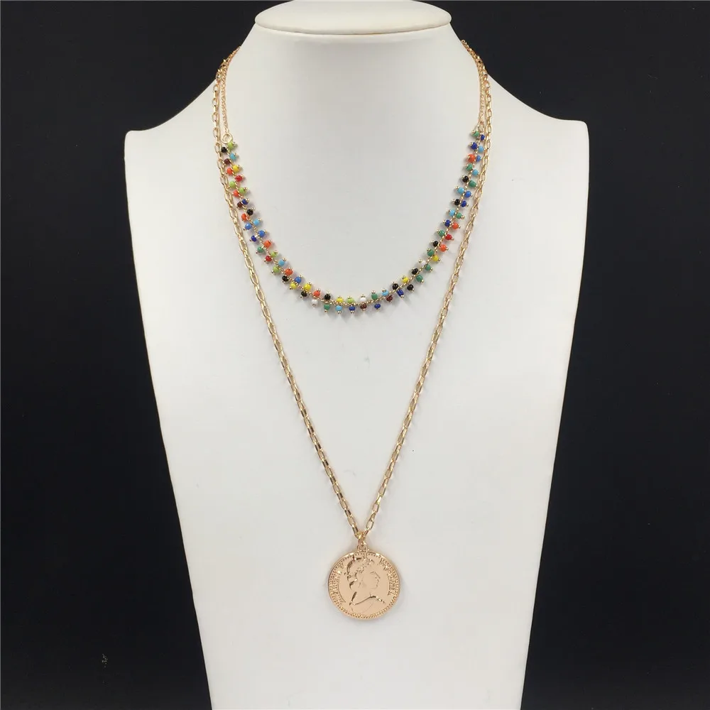 Gorgeous Gold Color Plating Colorful Bead Strand With Coin Pendant Layered Necklace For Women Girl Elegant Casual Chic Jewelry